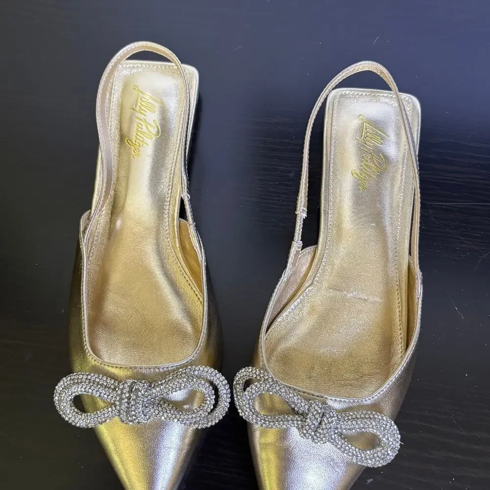 Lilly Pulitzer Brit Gold Leather Slingback Dressy Summer Event Bling Bow Size 9 - Picture 13 of 15